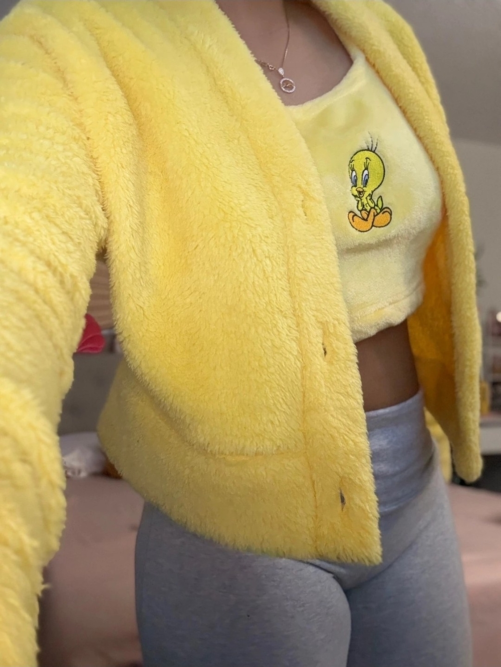 Yellow Plush Fuzzy Jacket with Tweety Embroidered Crop - Unbranded